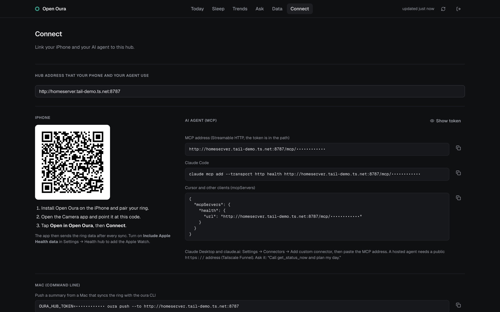 The hub's Connect page with a QR code for the iPhone, the MCP address, and the Claude Code command