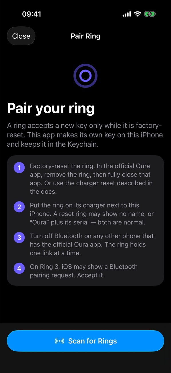 Open Oura pairing screen: Pair your ring