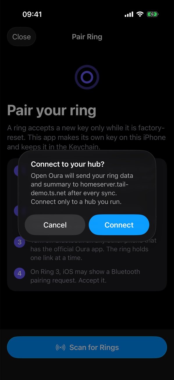 Open Oura asks: Connect to your hub?